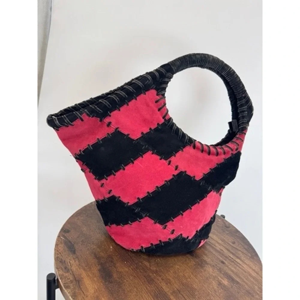 Vintage Red Black Patchwork Suede Floral Whipstitch Hobo Bag Boho Y2K Statement